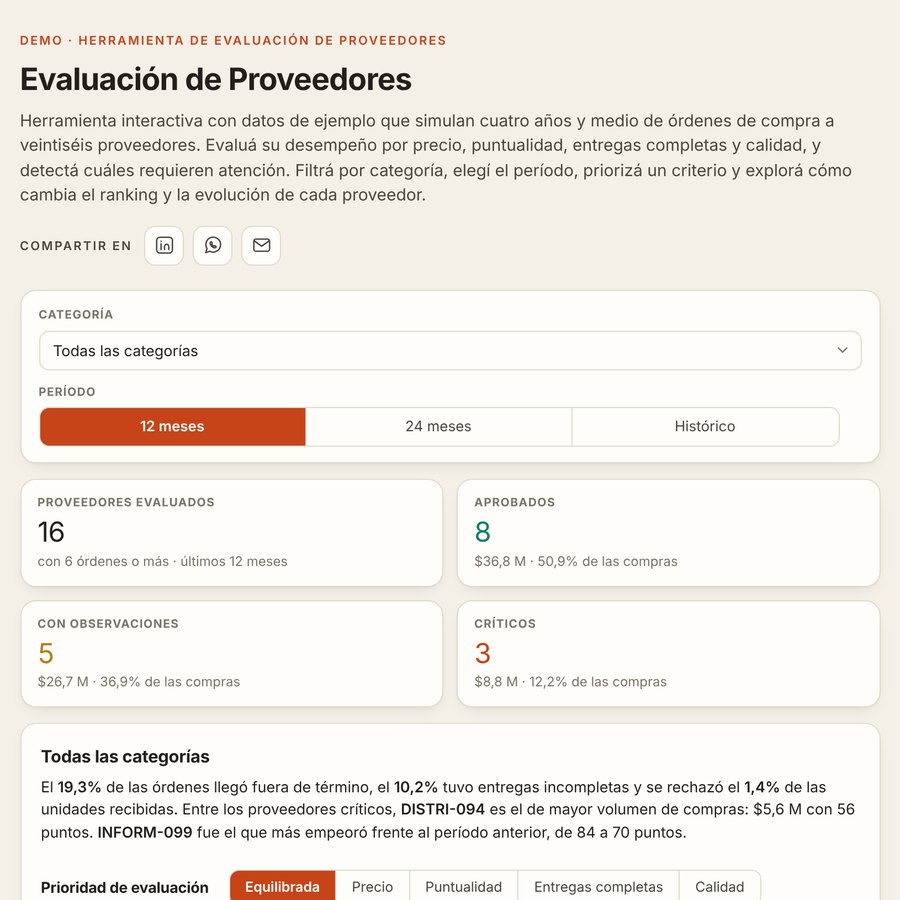 Captura de la herramienta de evaluación de proveedores: proveedores aprobados, con observaciones y críticos