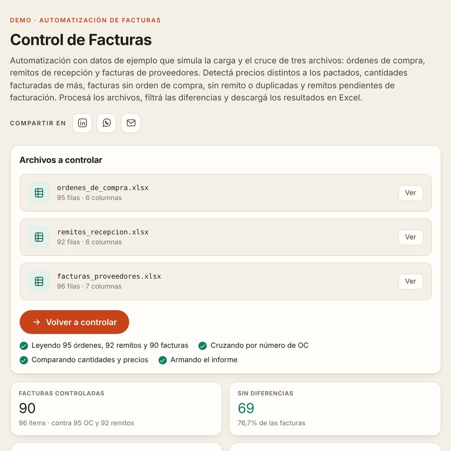 Captura de la automatización de control de facturas: archivos, cruce y diferencias detectadas